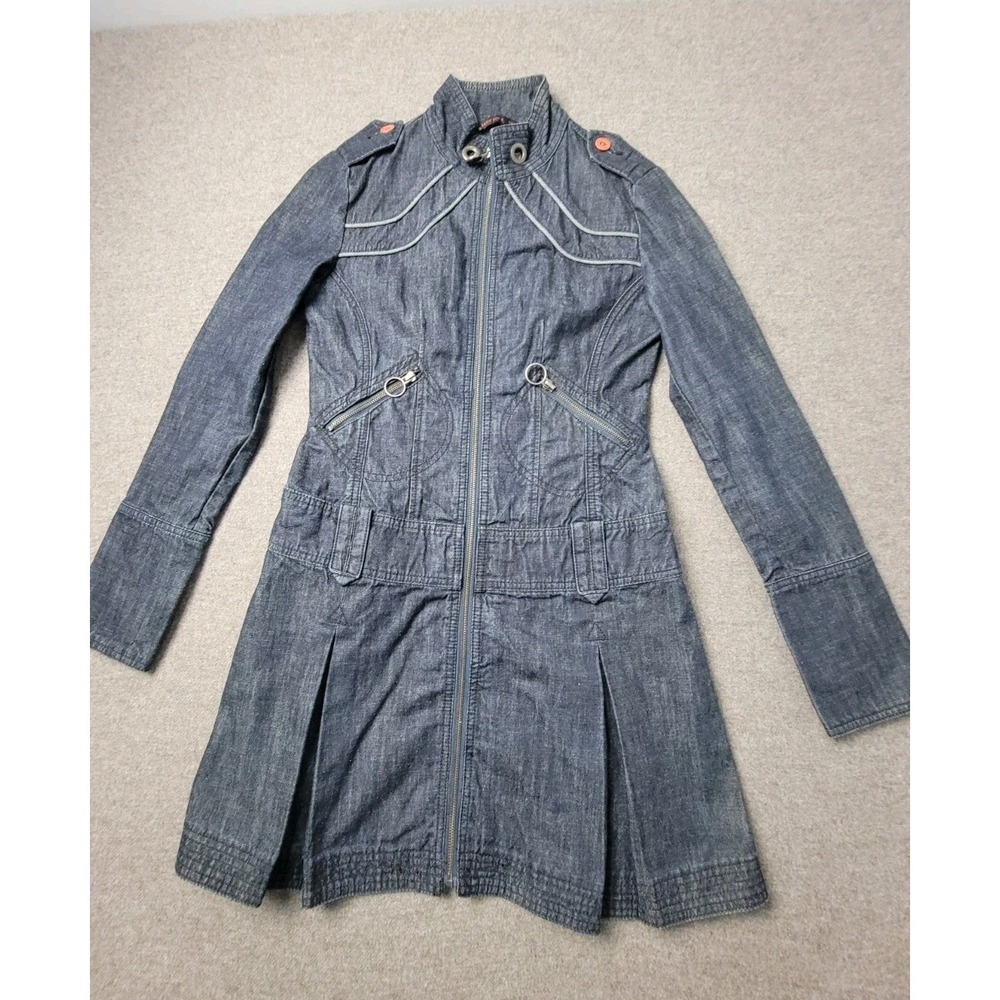 Basic House Trench Coat Jacket Dress Womens S Blue Denim‎ Utilitarian Military